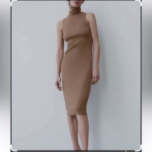 Zara Tan knit Ribbed Midi turtleneck dress s L